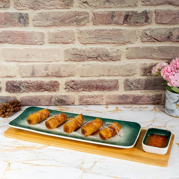 Green-White Long Rectangle Sushi Plate on Wooden Tray Set (1 Plate - 1 Bowl)